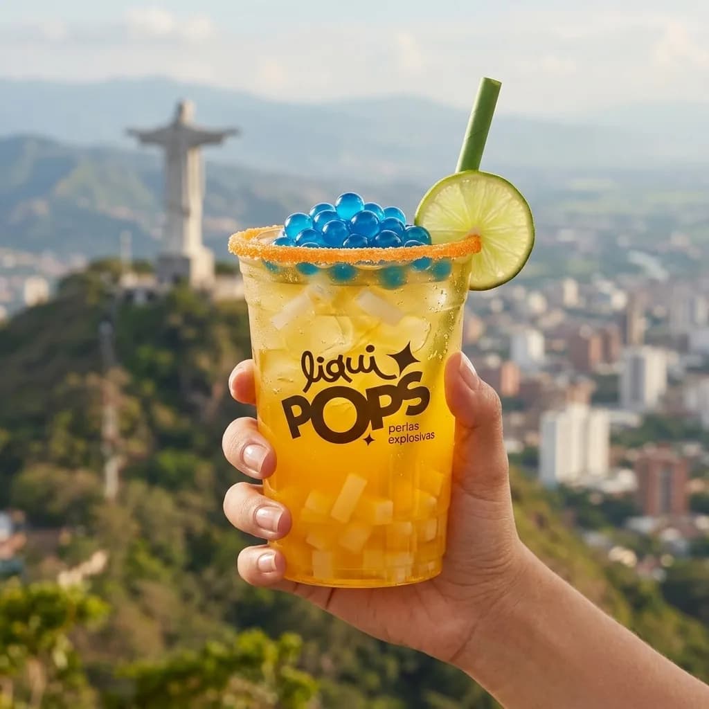 Soda loca amarilla de maracuyá con perlas explosivas azules LiquiPops y jelly — vaso en mano con vista a la ciudad y el cerro