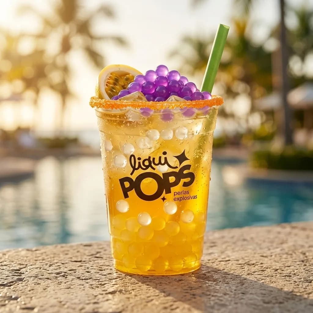 Soda loca amarilla de maracuya con perlas explosivas LiquiPops moradas y blancas, borde escarchado y rodaja de maracuya, junto a la piscina