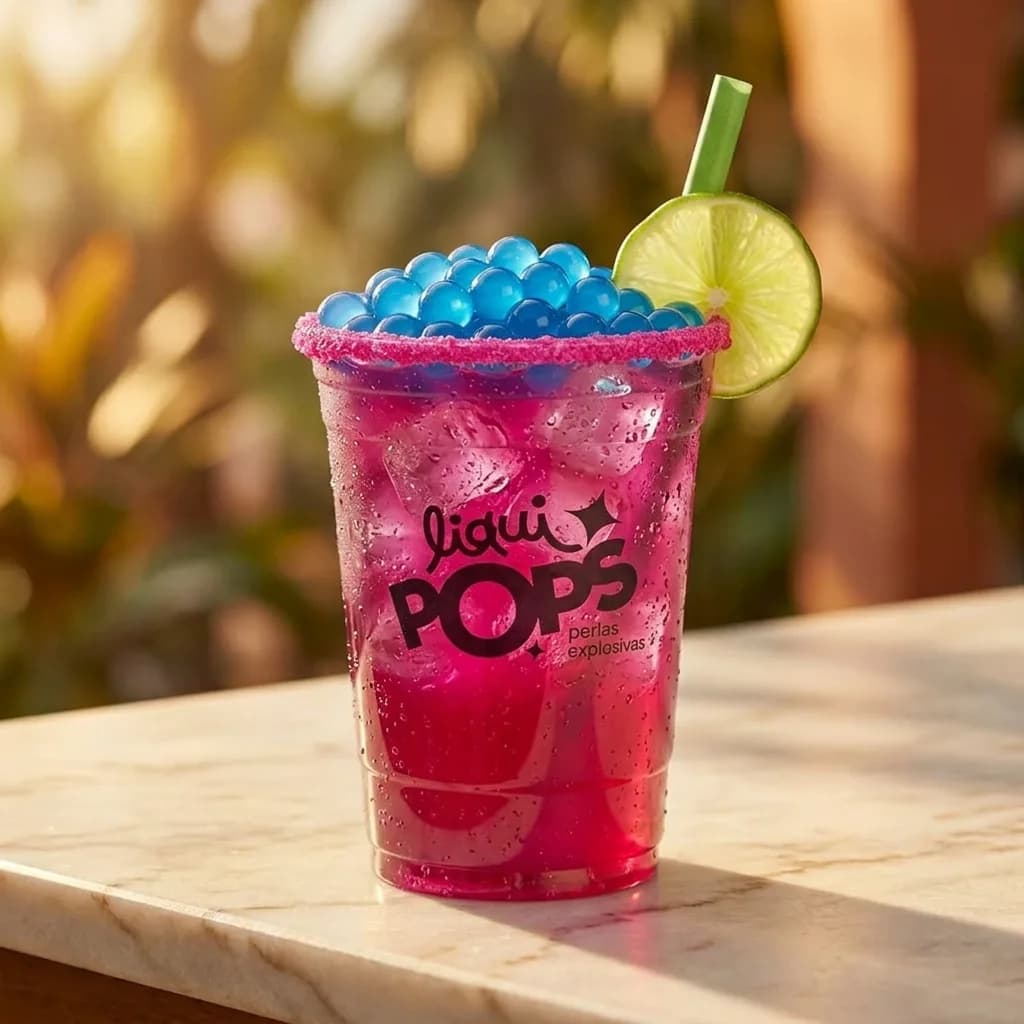 Soda loca de maracuya con perlas explosivas LiquiPops sabor uva, escarcha naranja y media maracuya — junto a piscina soleada