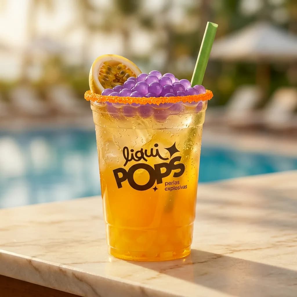 Soda loca de maracuya con perlas explosivas LiquiPops sabor uva, escarcha naranja y media maracuya — terraza junto a la piscina
