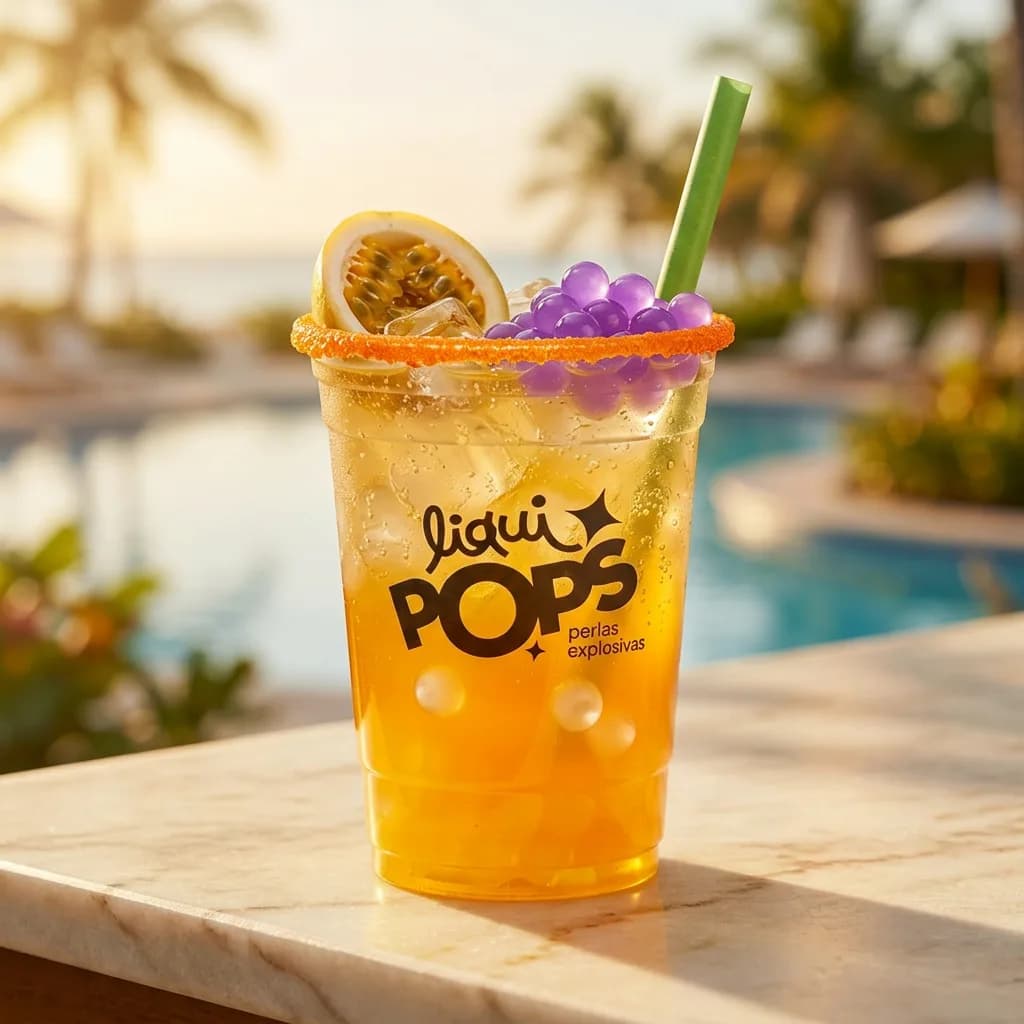 Soda loca de maracuyá con perlas explosivas de uva LiquiPops — vaso con escarcha naranja junto a la piscina