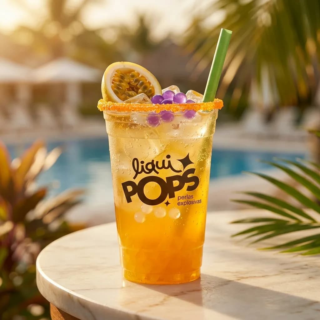 Soda loca de maracuyá con perlas explosivas de uva LiquiPops — vaso escarchado en una mesa junto a la piscina
