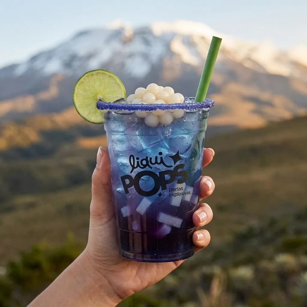Soda loca azul y morada con perlas explosivas blancas LiquiPops y jelly — vaso en mano frente a una montaña nevada