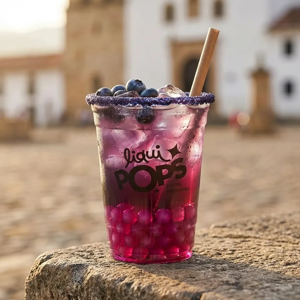 Soda loca de mora con perlas explosivas rosas LiquiPops, escarchado morado y arandanos en una plaza colonial