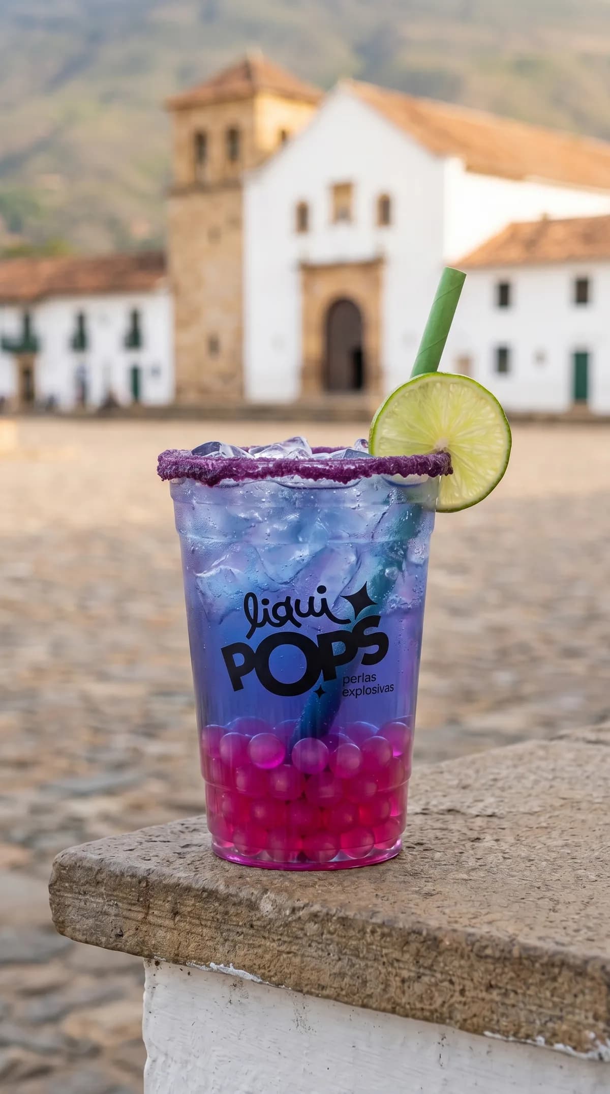 Soda loca morada y azul con perlas explosivas de fresa LiquiPops y rodaja de limon, en la plaza de Villa de Leyva