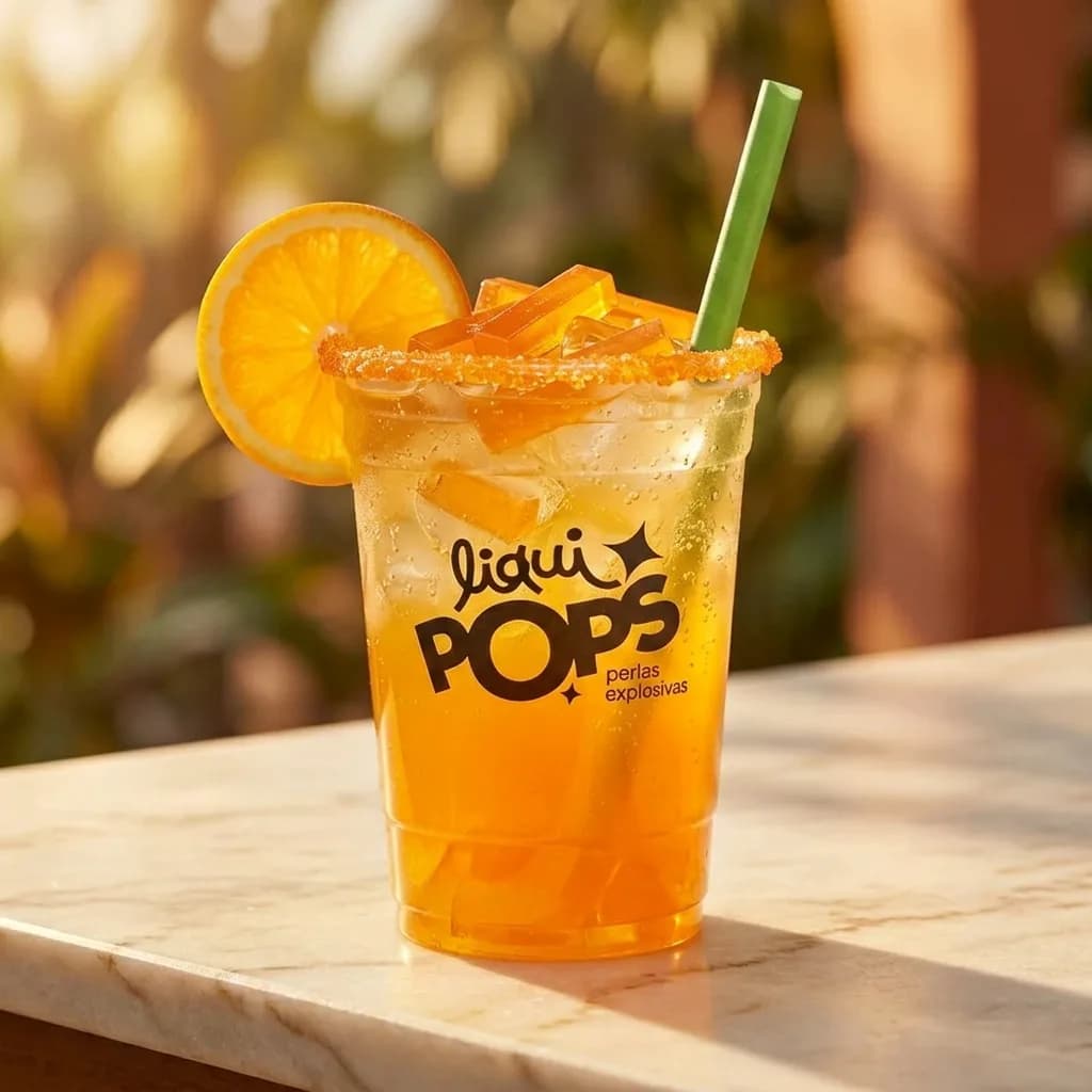 Soda loca de naranja con jellys y perlas explosivas LiquiPops, escarchado y rodaja de naranja al aire libre