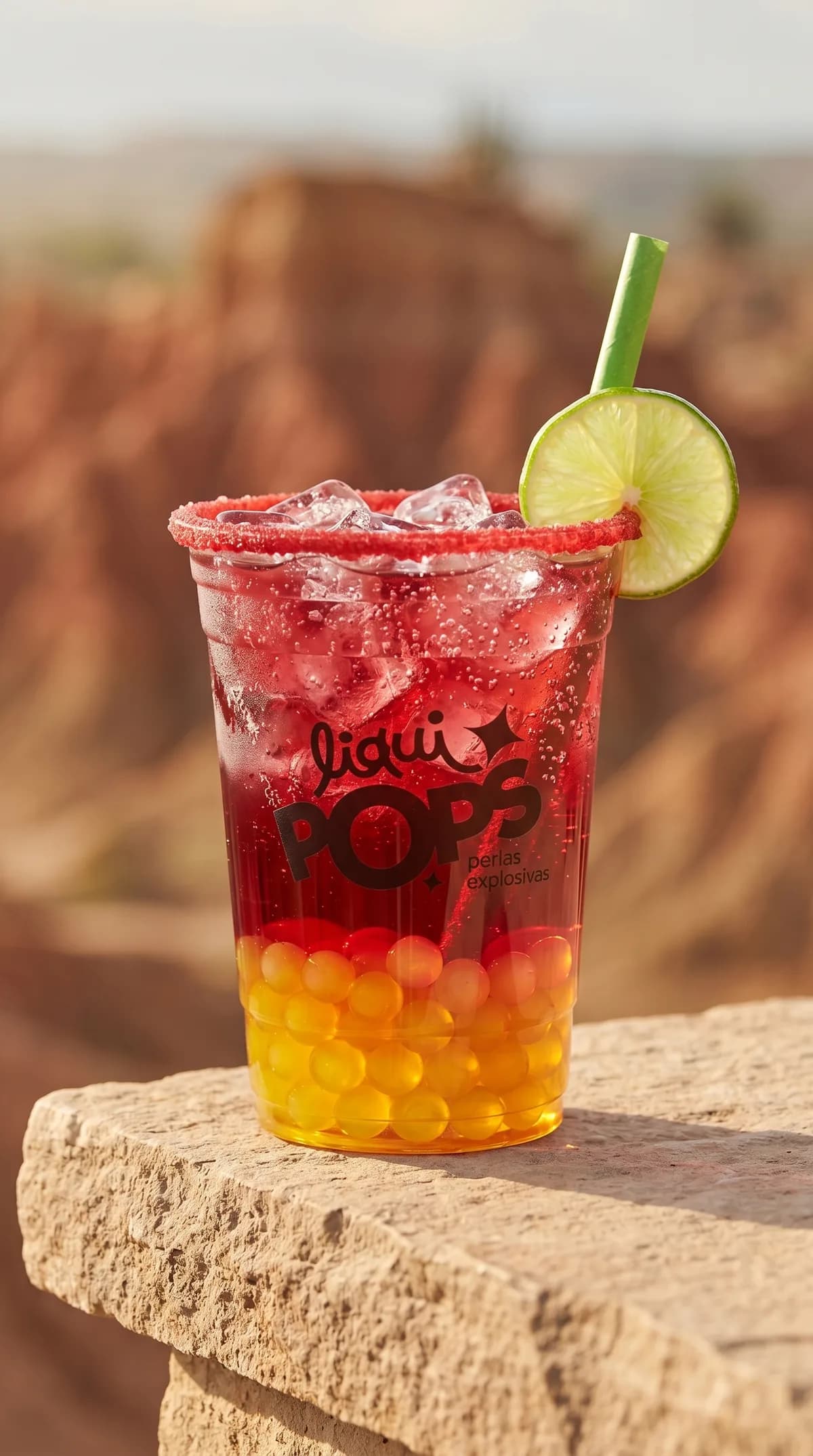 Soda loca roja con perlas explosivas amarillas de mango LiquiPops y rodaja de limon, sobre fondo del desierto de la Tatacoa