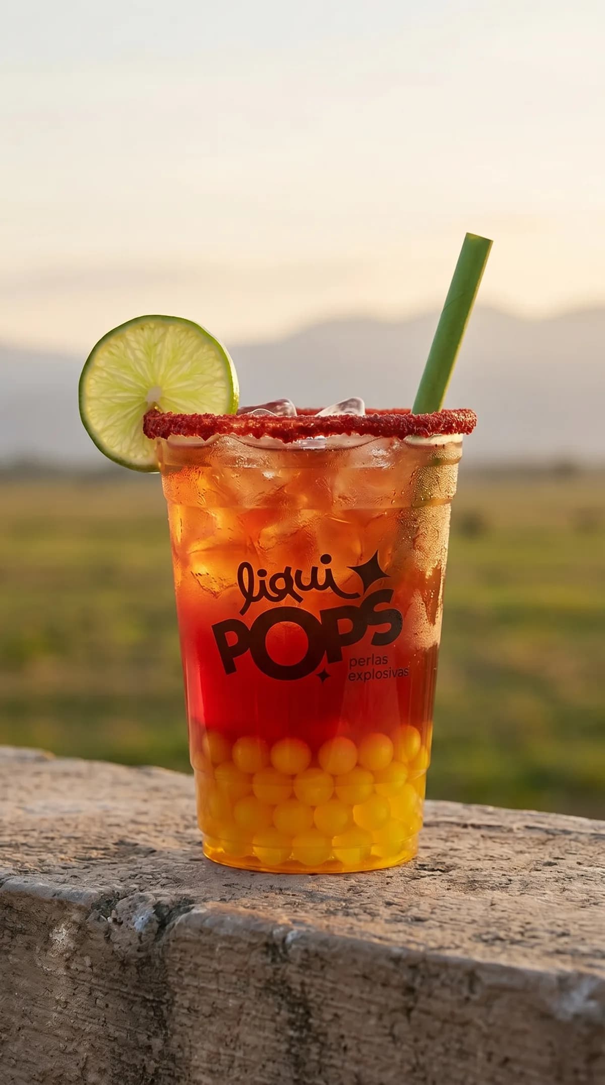 Soda loca degradado rojo y amarillo con perlas explosivas LiquiPops, en paisaje campestre al atardecer
