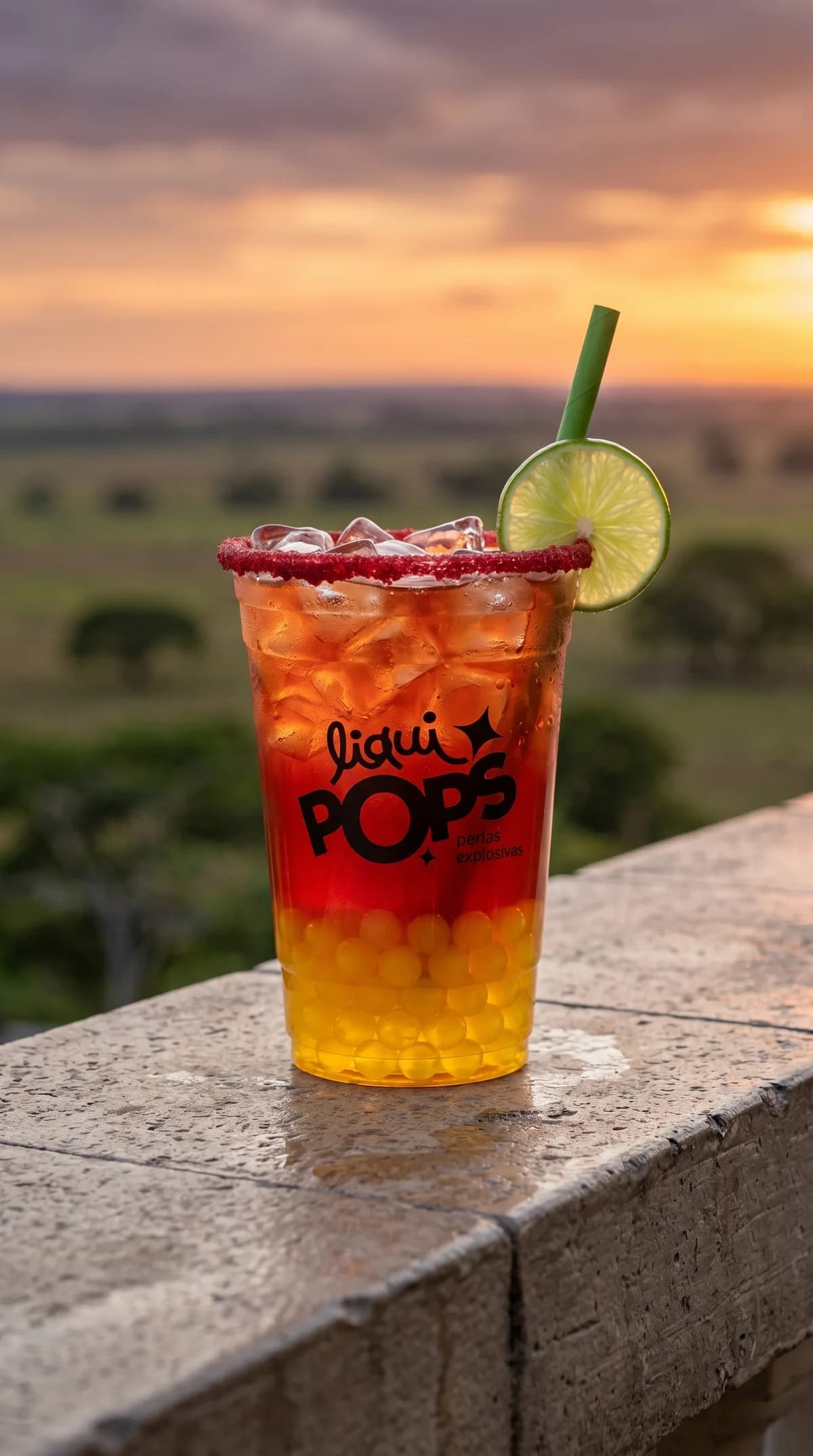 Soda loca degradada roja y amarilla con perlas explosivas de mango LiquiPops y rodaja de limon, al atardecer en un llano
