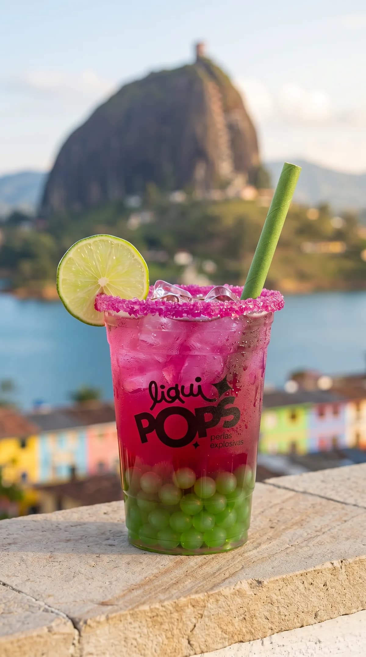 Soda loca rosada con perlas explosivas verdes LiquiPops, con la Piedra del Peñol al fondo