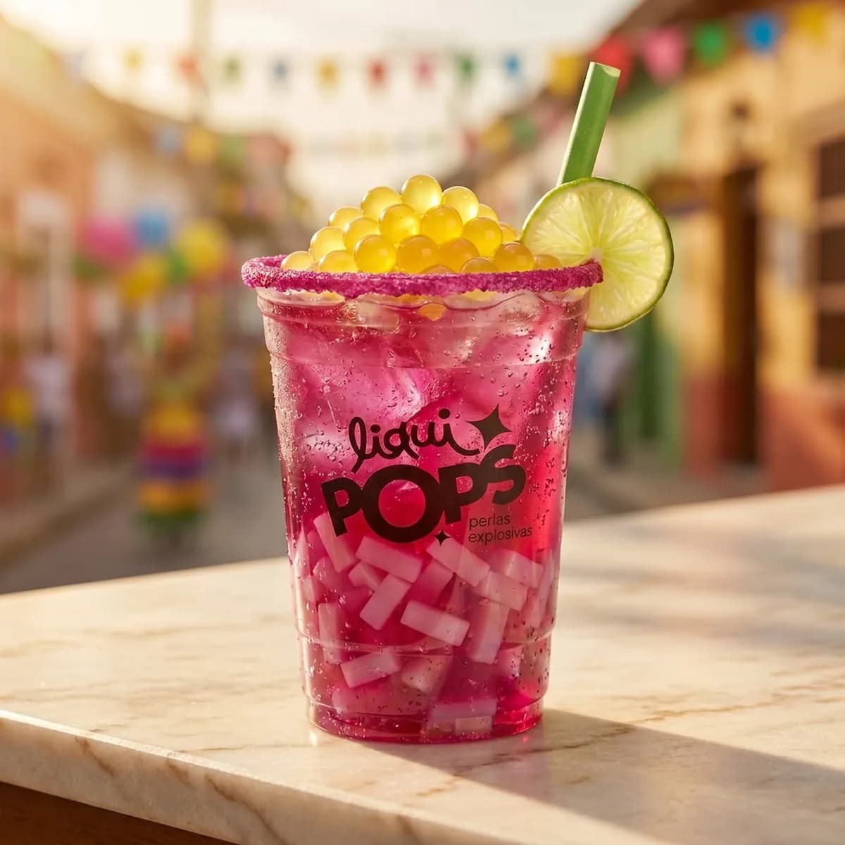 Soda loca rosada con perlas explosivas amarillas LiquiPops — vaso escarchado de chamoy con rodaja de lima en calle adornada con banderines