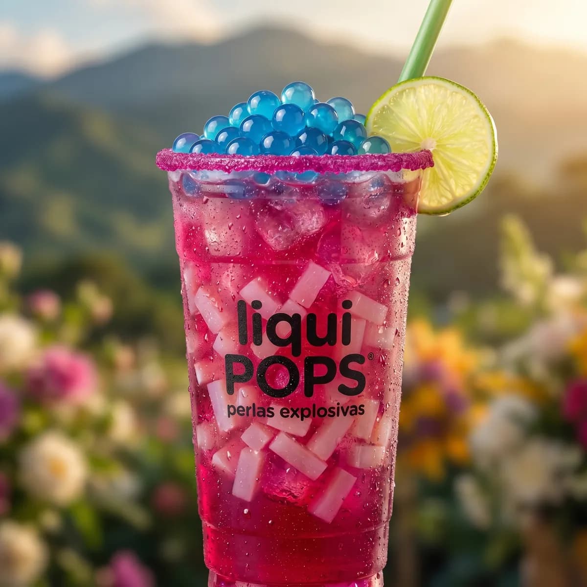 Soda loca rosada con perlas explosivas azules LiquiPops y trozos de coco — vaso escarchado con rodaja de lima, entre flores y montaña