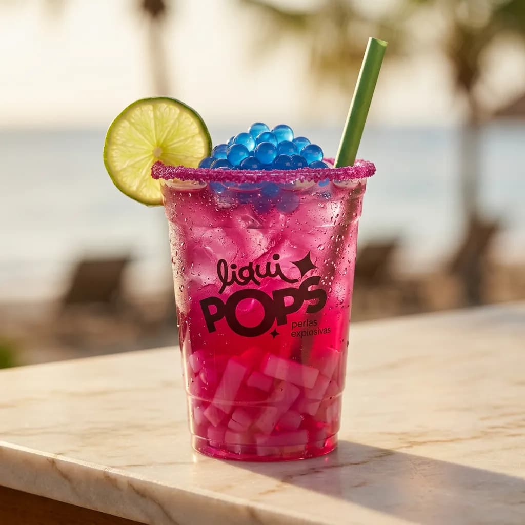 Soda loca rosada con perlas explosivas azules LiquiPops y jelly — vaso escarchado de chamoy con rodaja de lima en la playa