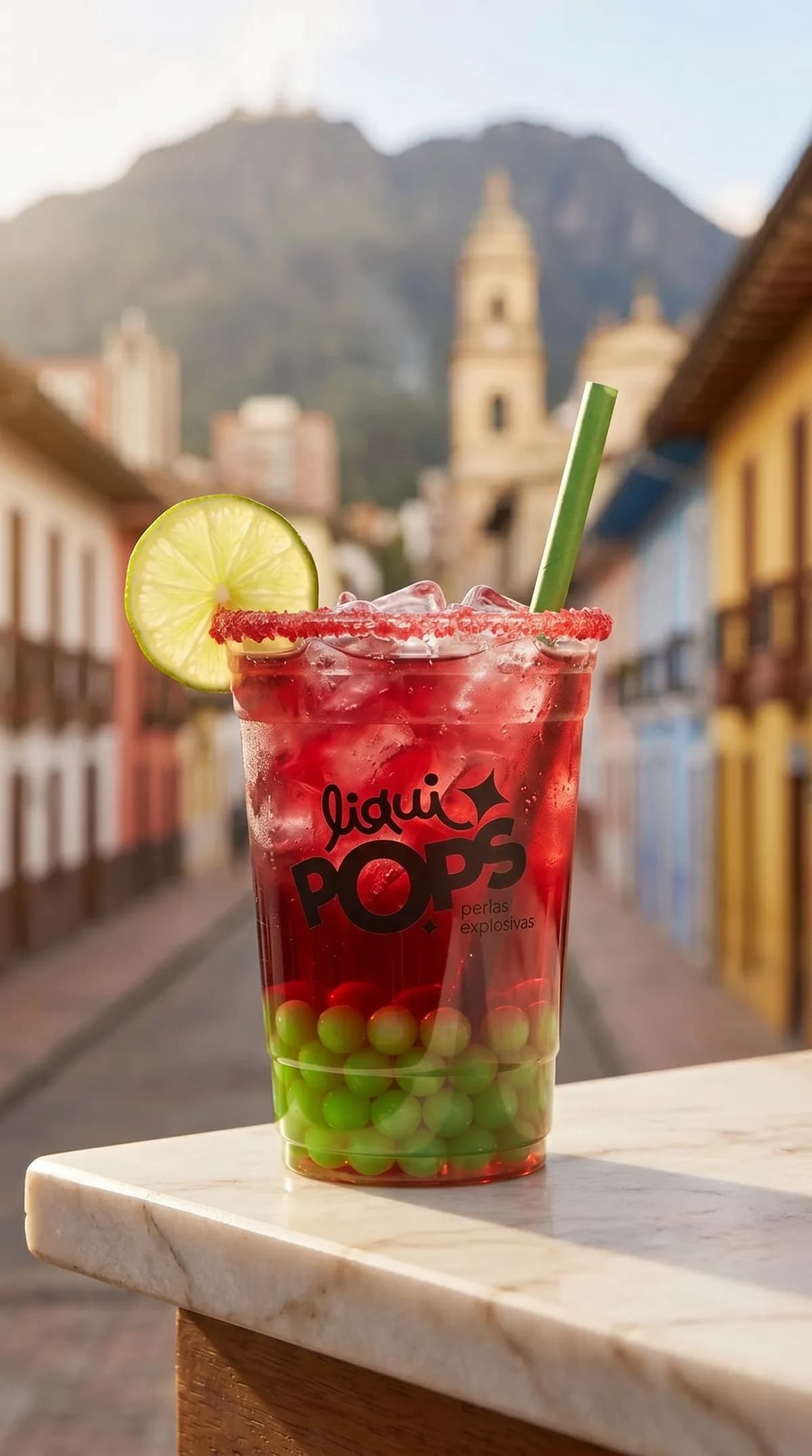 Soda loca roja con perlas explosivas verdes LiquiPops, en calle colonial de pueblo colombiano