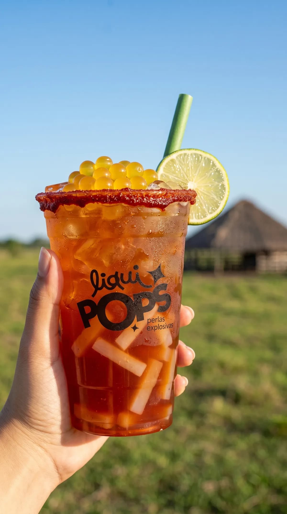 Soda loca de tamarindo con perlas explosivas amarillas LiquiPops, escarchado de chamoy y limon, en un paisaje llanero