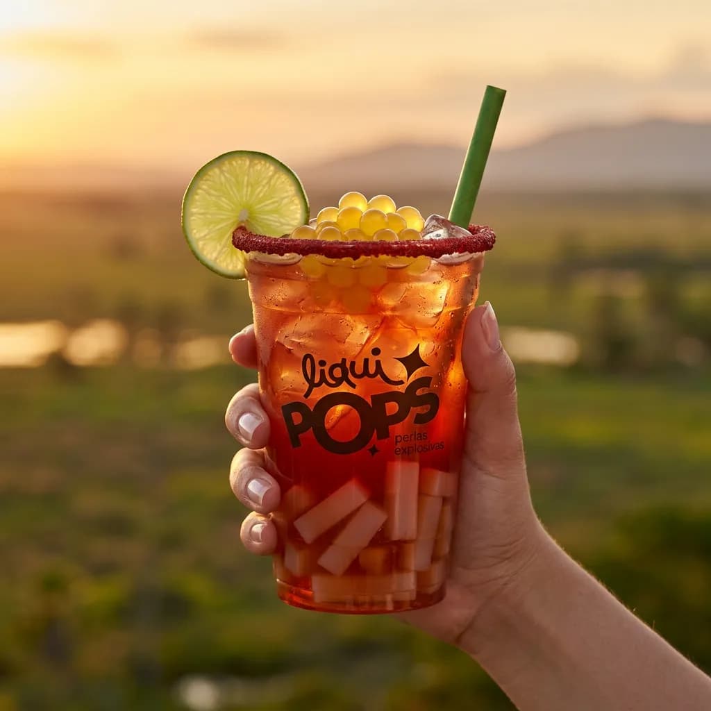 Soda loca de te de frutos rojos con perlas explosivas amarillas LiquiPops y escarchado rojo, al atardecer sobre un valle verde