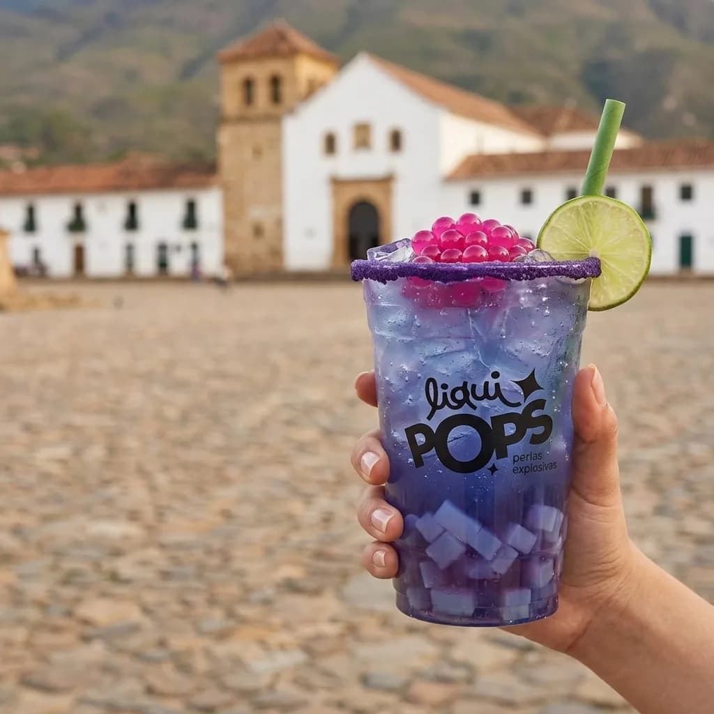 Soda loca morada y azul con perlas explosivas fucsia LiquiPops y jelly — vaso en mano frente a una plaza colonial empedrada