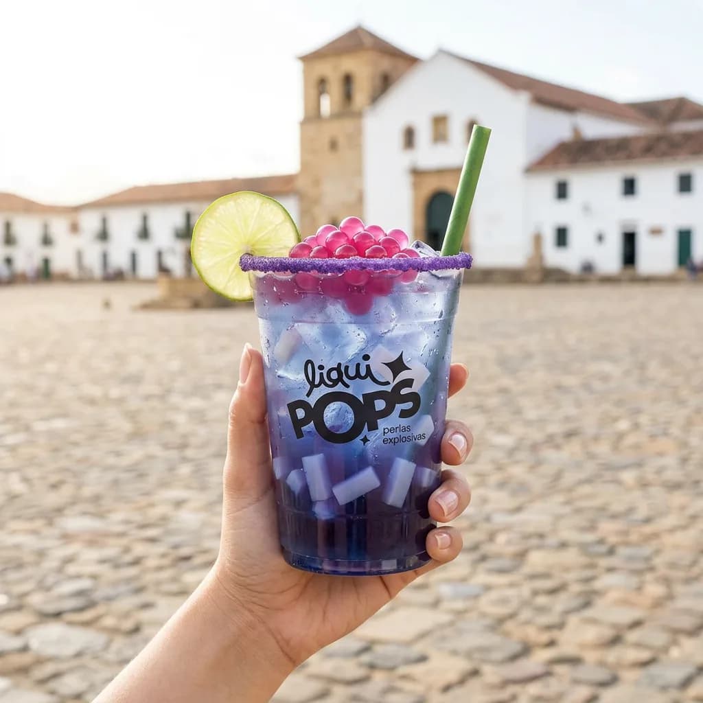 Soda loca morada de uva con perlas explosivas rosadas LiquiPops y escarchado lila, en una plaza colonial empedrada