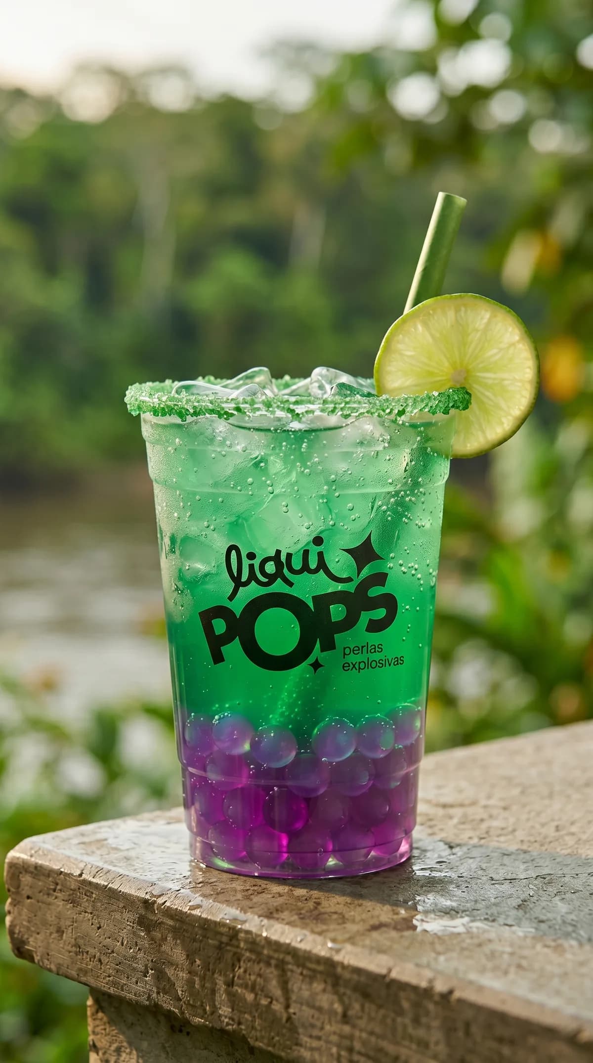 Soda loca verde azulada con perlas explosivas de uva LiquiPops y rodaja de limon, junto a un rio selvatico