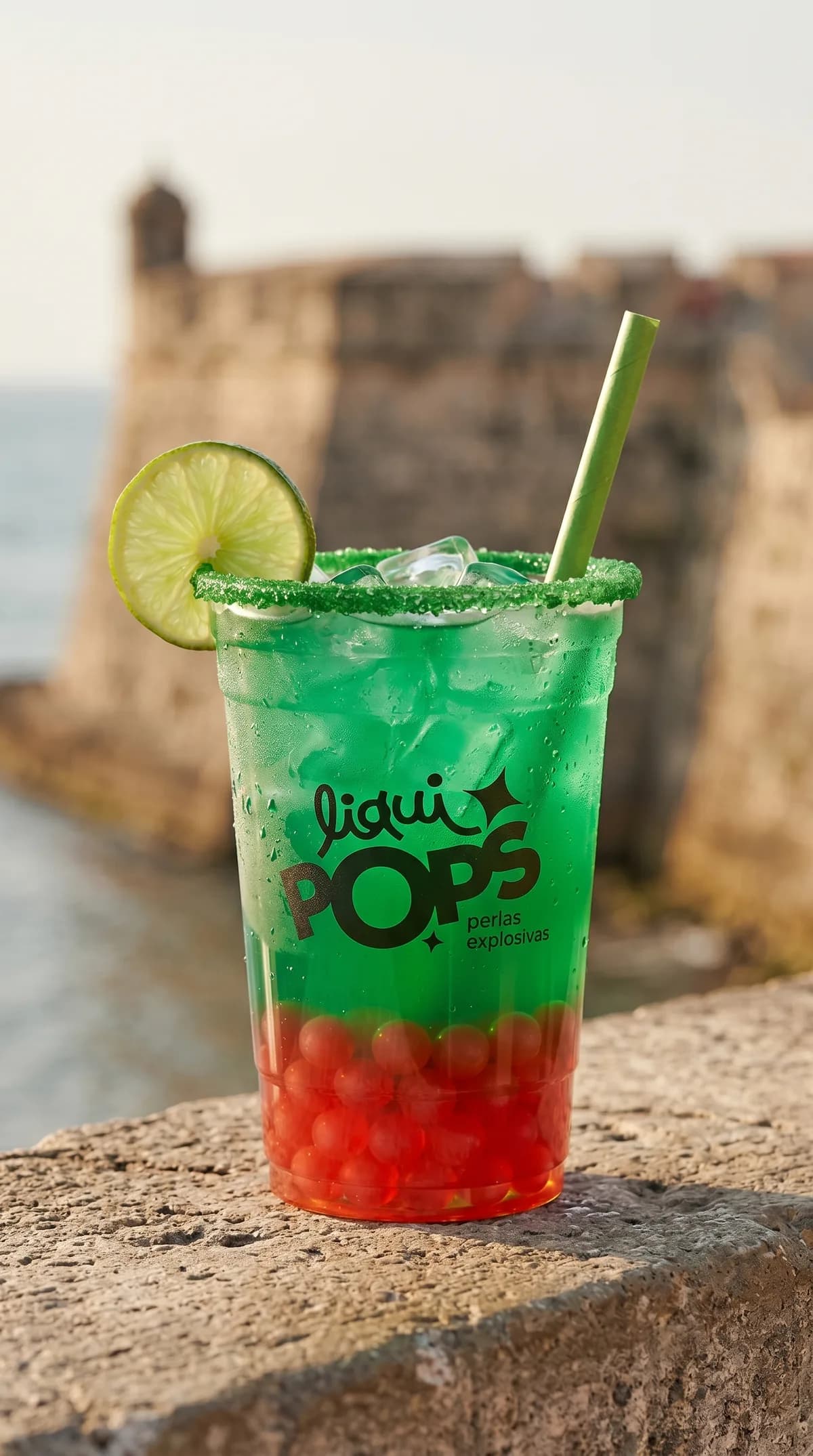 Soda loca verde con perlas explosivas de fresa LiquiPops y rodaja de limon, frente a una muralla junto al mar