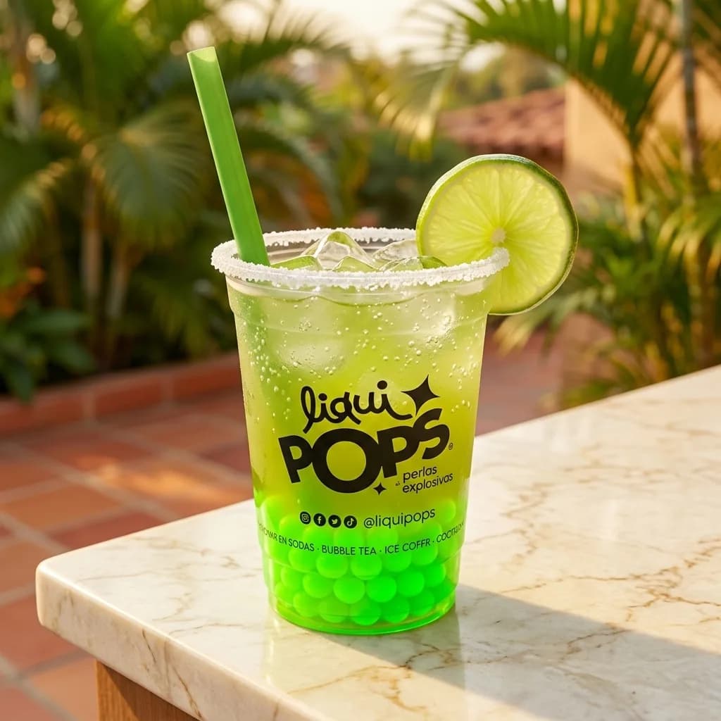 Soda loca verde de limon con perlas explosivas LiquiPops verdes, escarchada y con rodaja de limon