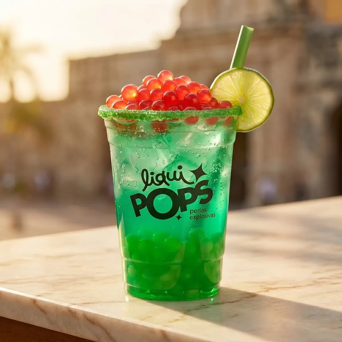 Soda loca verde manzana con perlas explosivas LiquiPops sabor fresa, escarcha verde y rodaja de limon — fondo colonial soleado