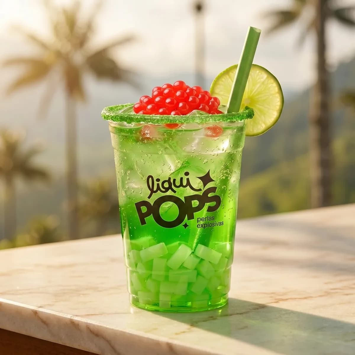 Soda loca verde con perlas explosivas rojas LiquiPops y jelly de manzana — vaso escarchado con rodaja de lima en el Valle del Cocora