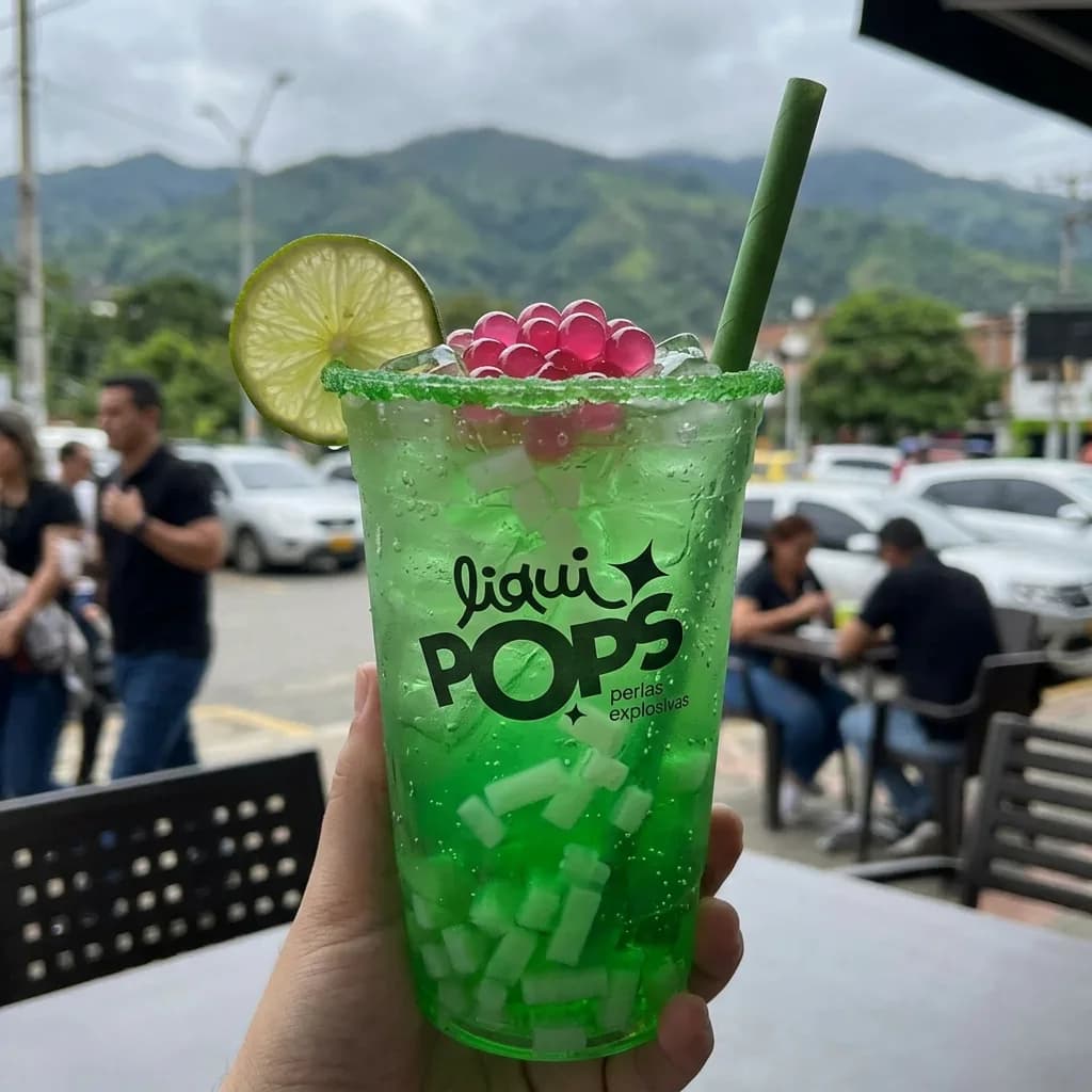 Soda loca verde con perlas explosivas rojas LiquiPops — borde escarchado, limón y trozos de coco, terraza con vista a las montañas