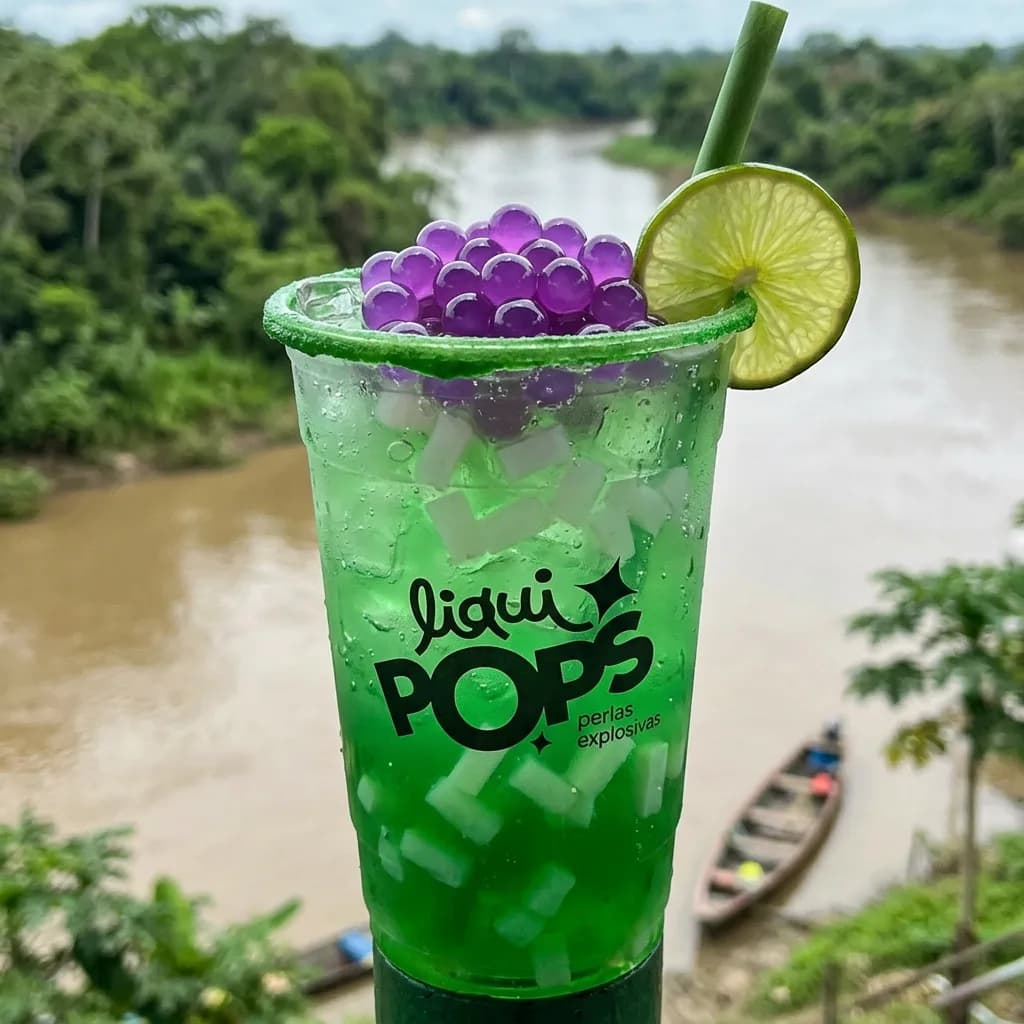 Soda loca verde con perlas explosivas de uva y cubos de coco LiquiPops, frente a un rio selvatico