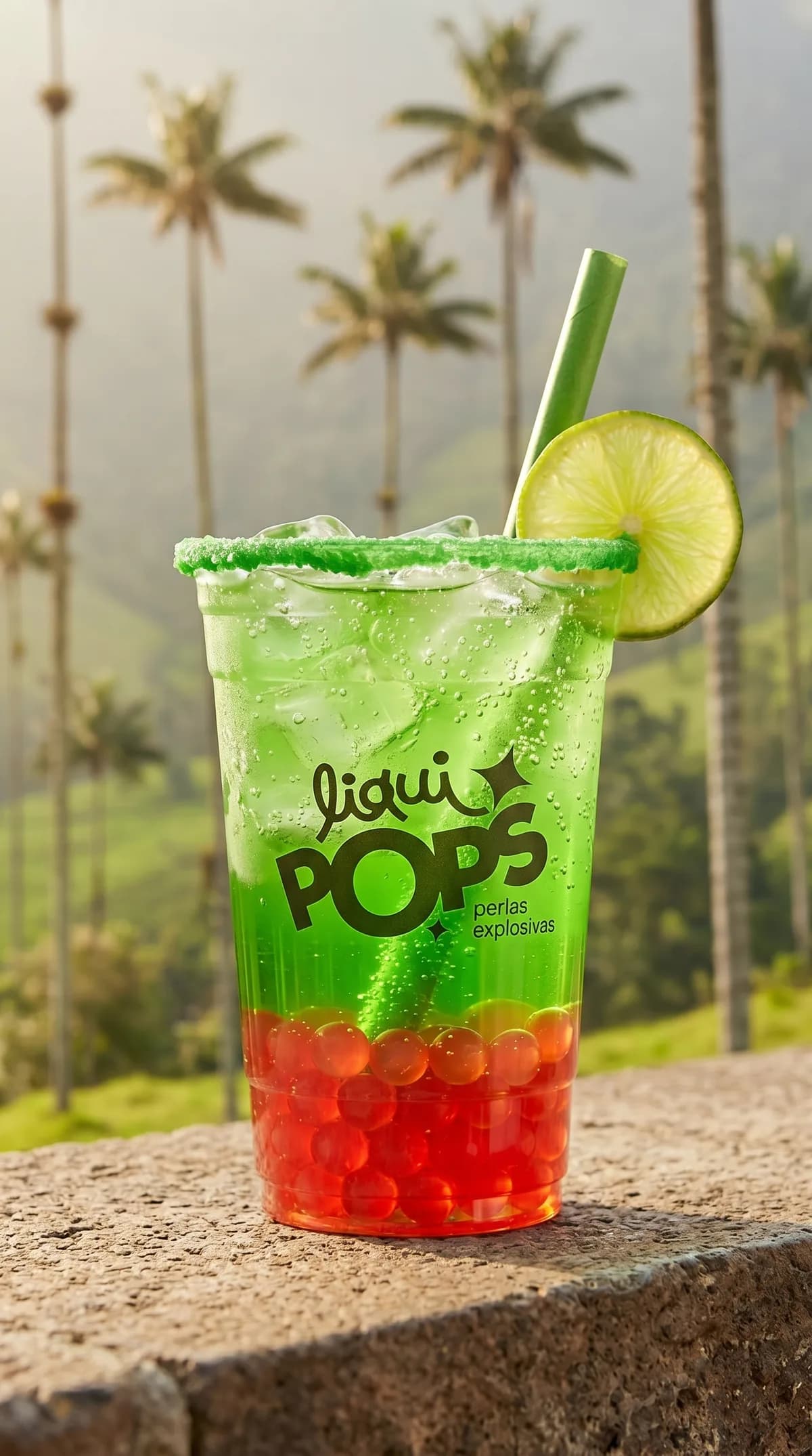 Soda loca verde con perlas explosivas de fresa LiquiPops y rodaja de limon, entre las palmas de cera del Valle del Cocora