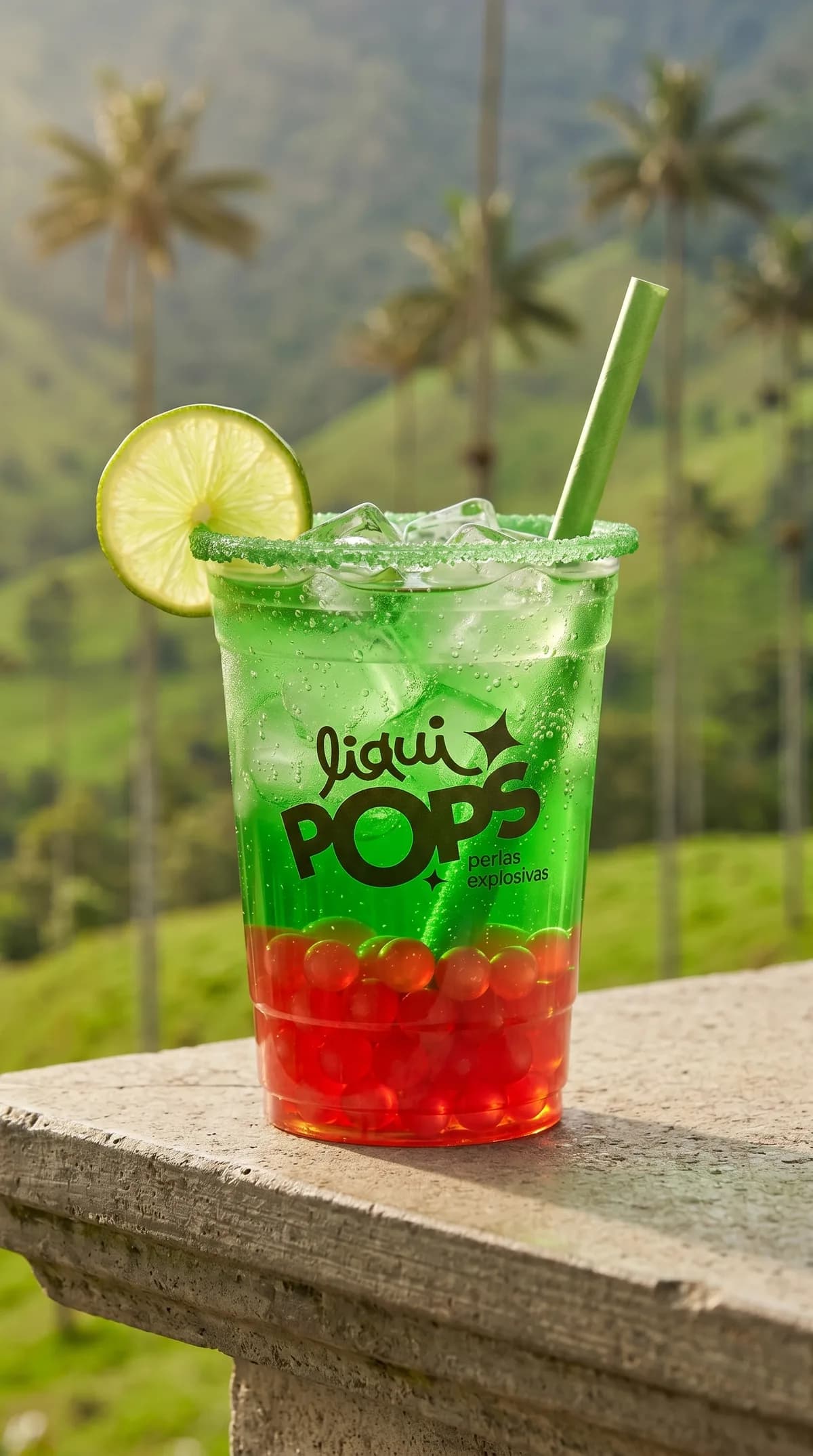 Soda loca verde con perlas explosivas rojas LiquiPops y rodaja de limon, servida en un mirador del Valle del Cocora
