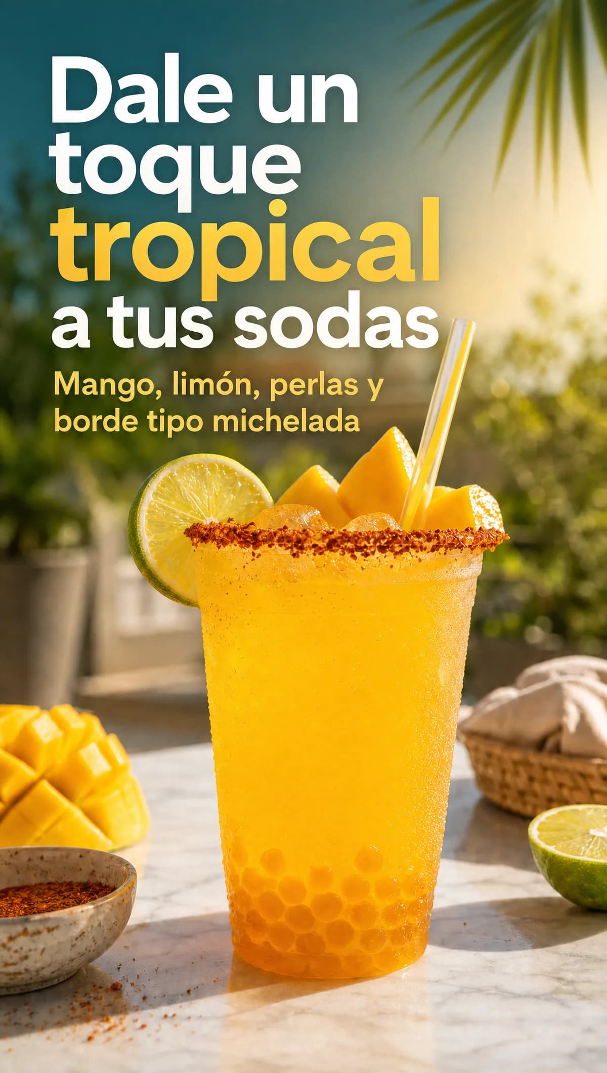 Soda de mango y limón con borde tipo michelada y perlas explosivas LiquiPops, con mango y limón fresco — dale un toque tropical a tus sodas