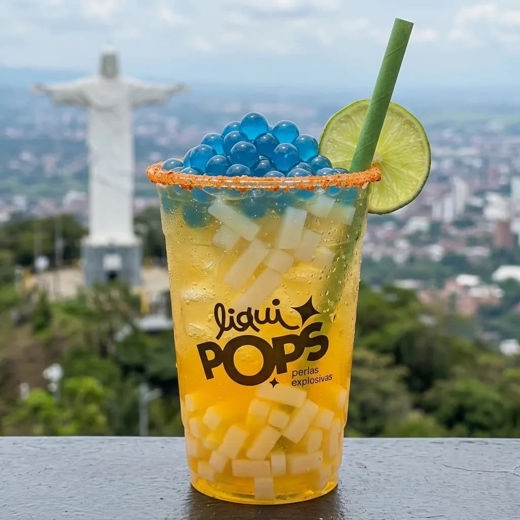 Soda de mango con perlas explosivas azules LiquiPops y trozos de jelly, borde escarchado y rodaja de limon, con el Cristo Rey de Cali al fondo