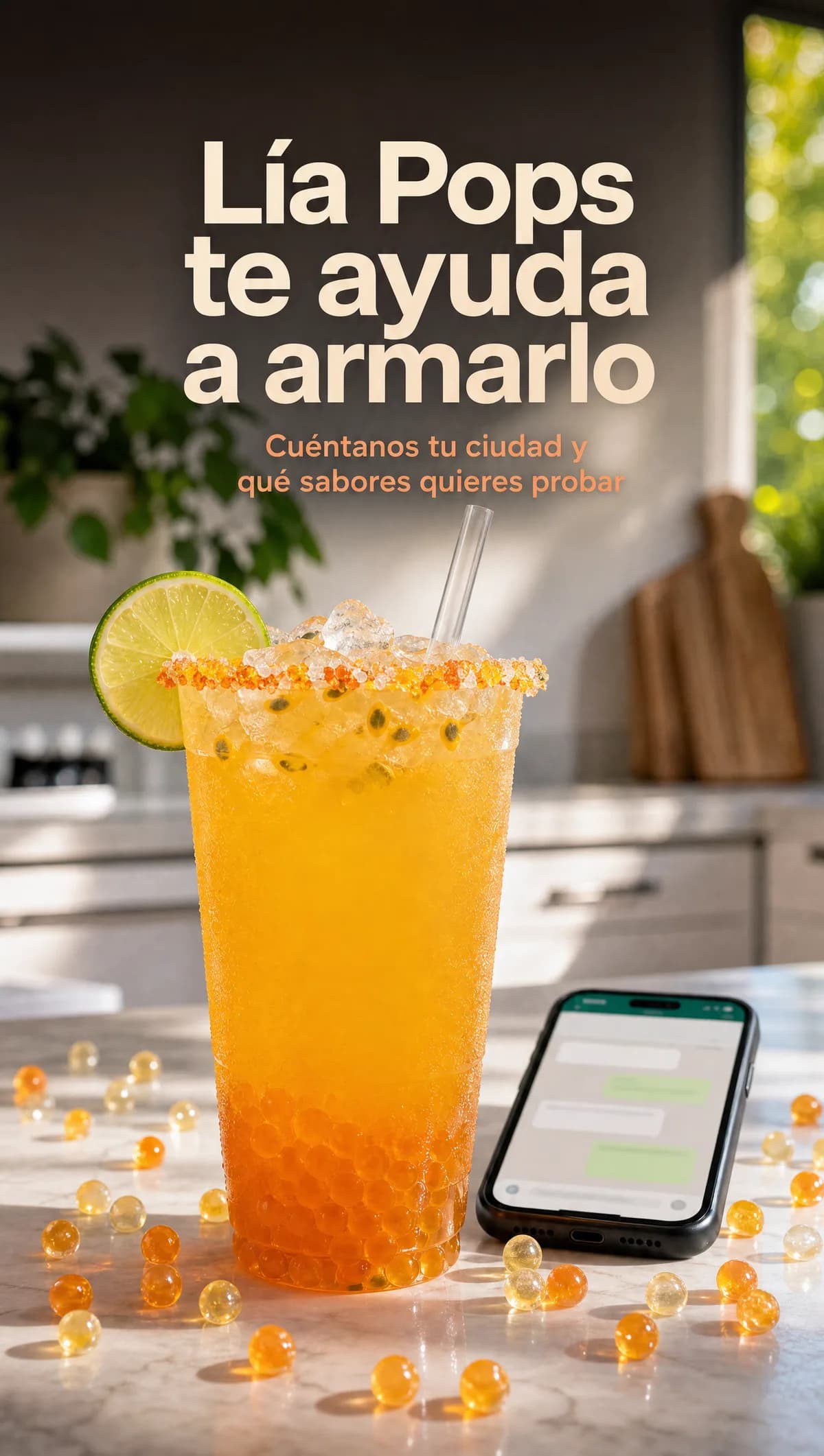 Soda de mango con perlas explosivas amarillas LiquiPops junto a un celular con chat de Lía Pops, sobre mesón de cocina