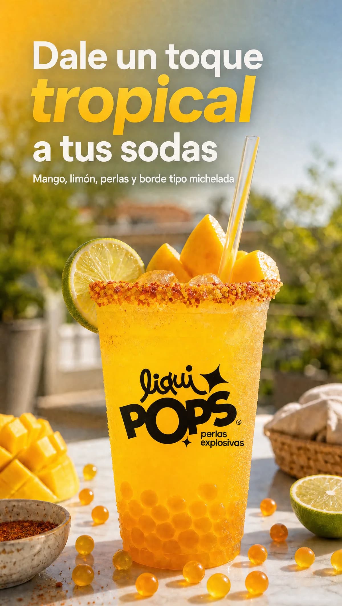 Soda de mango con perlas explosivas amarillas LiquiPops, borde tipo michelada, trozos de mango y limón, en mesa exterior