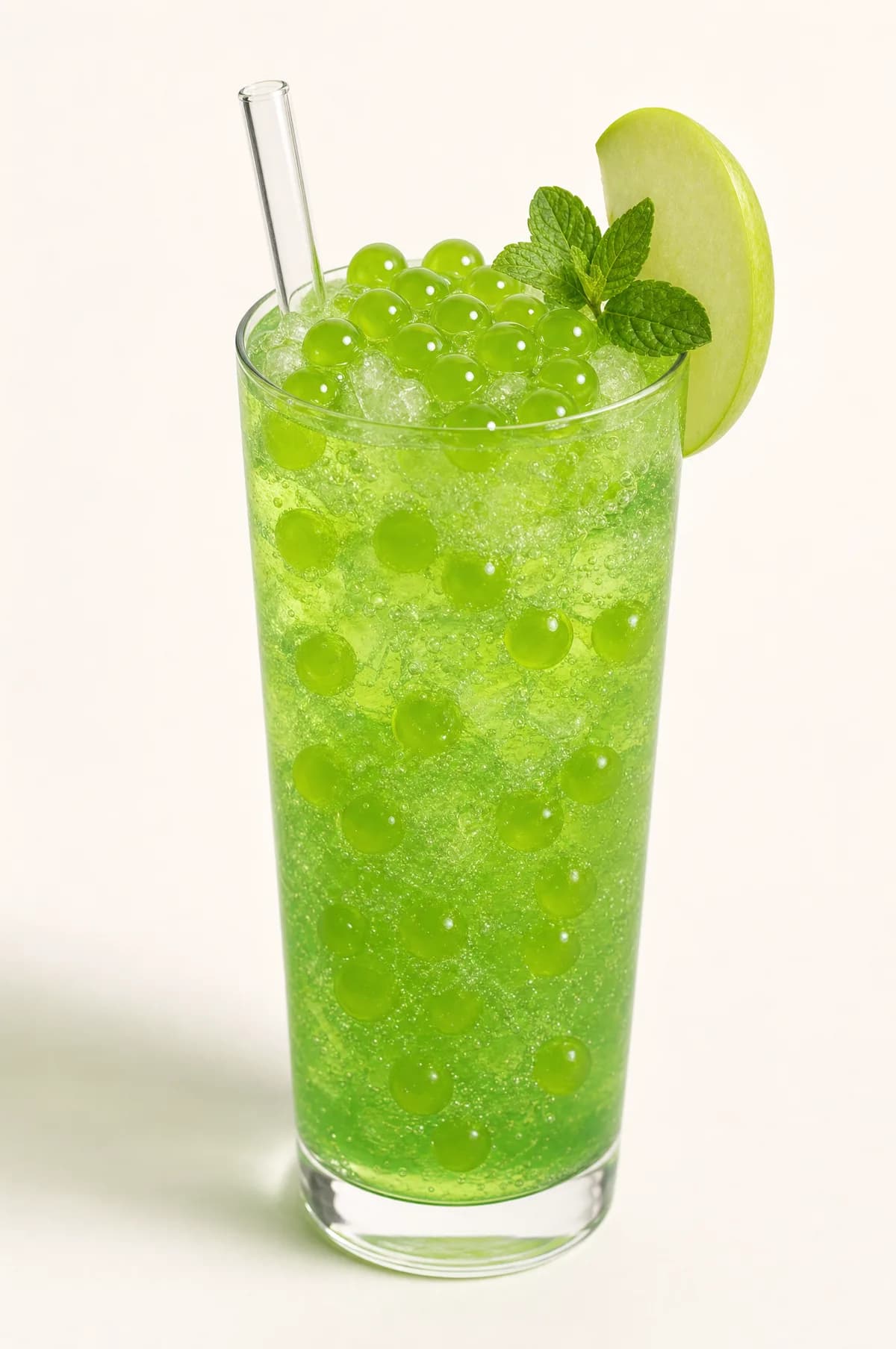 Soda de manzana verde con perlas explosivas LiquiPops verdes — vaso alto con rodaja de manzana y menta