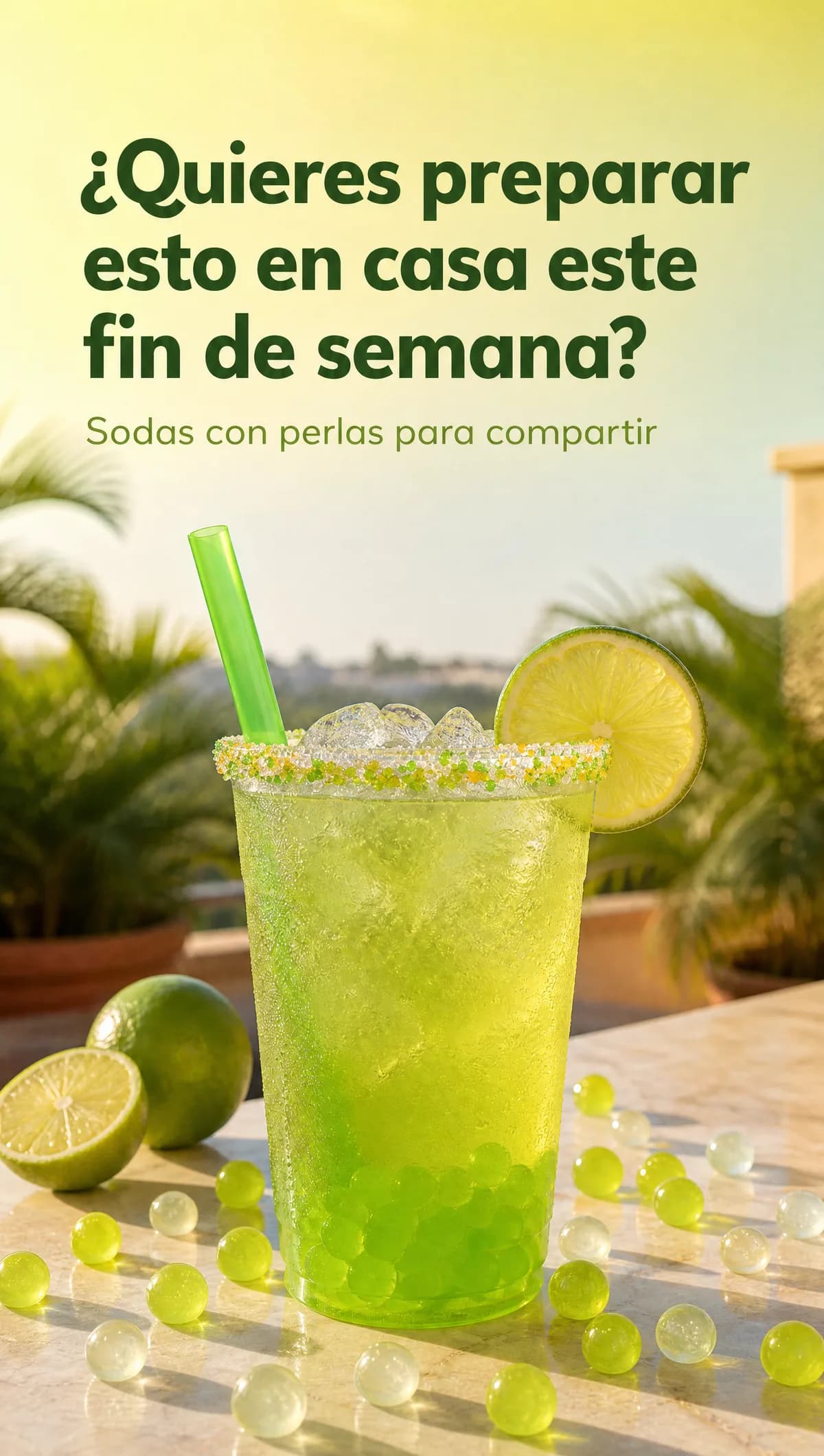 Soda verde de limón con hielo y perlas explosivas LiquiPops servida en exterior, con limones al lado — prepara esto en casa el fin de semana