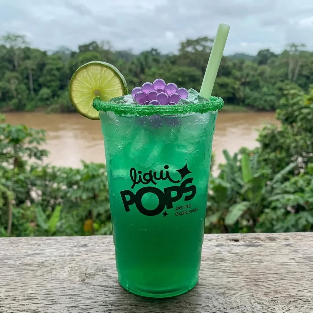 Soda verde con perlas explosivas moradas LiquiPops, borde escarchado y limon, frente a un rio selvatico amazonico