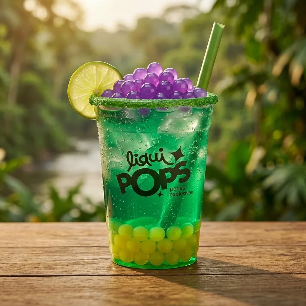 Soda verde con perlas explosivas moradas y verdes LiquiPops, borde escarchado y limon, sobre mesa de madera en ambiente selvatico