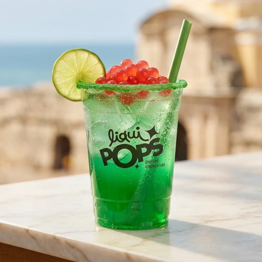 Soda verde con perlas explosivas rojas LiquiPops, borde escarchado y limon, sobre mesa de marmol con vista al mar