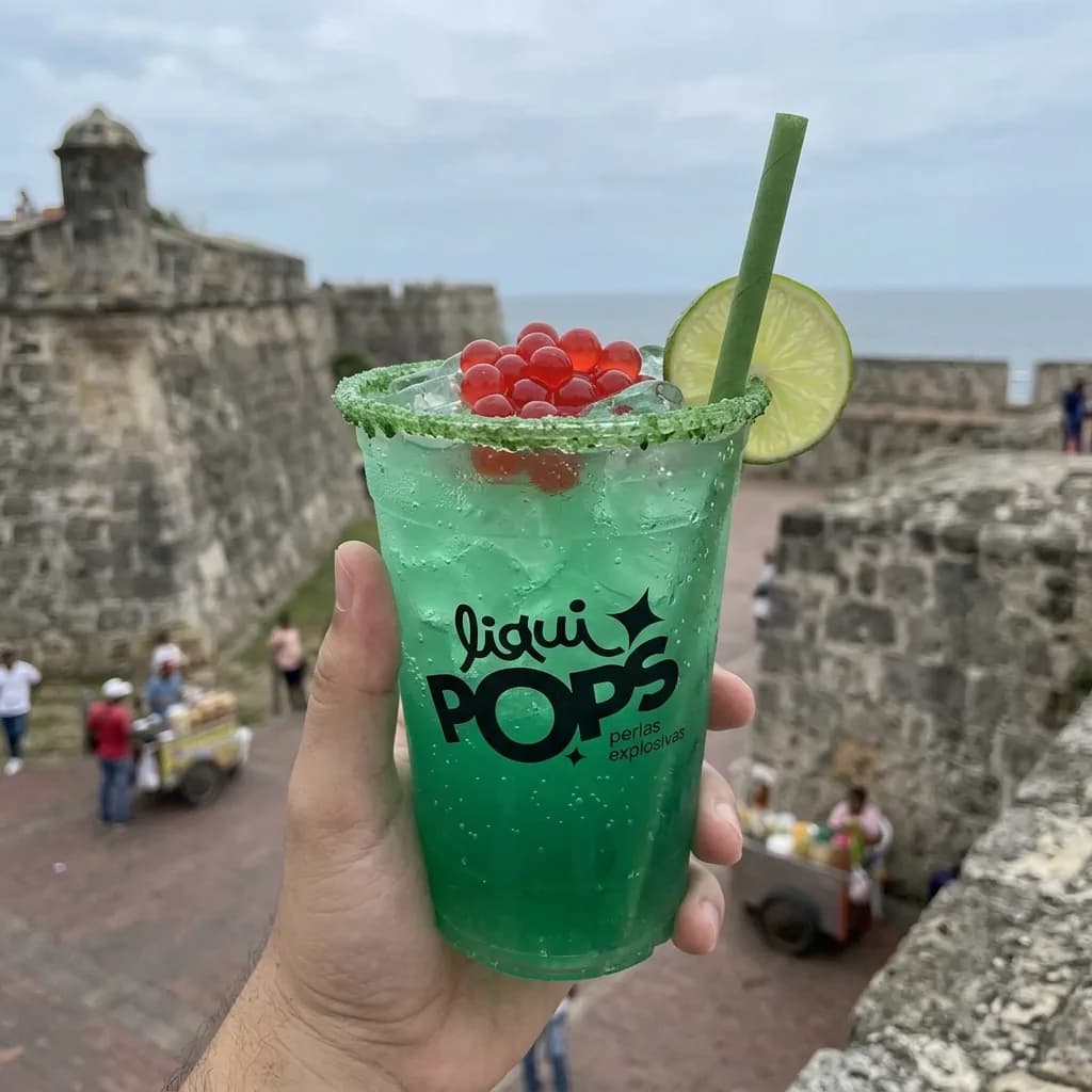 Soda verde con perlas explosivas rojas LiquiPops, borde escarchado y limon, sostenida frente a las murallas de Cartagena