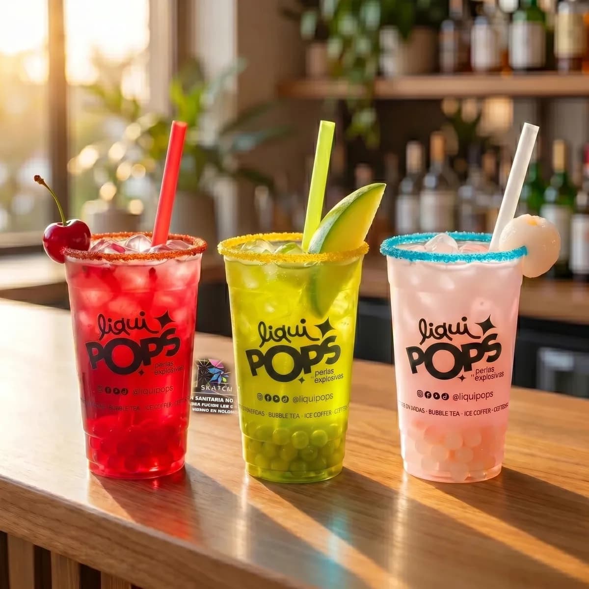 Tres sodas locas escarchadas en cereza, manzana verde y litchi con perlas explosivas LiquiPops en vasos LiquiPops — mostrador iluminado