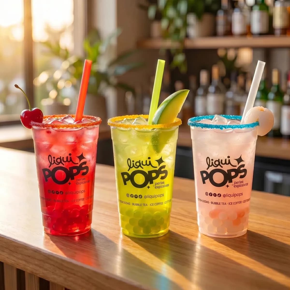 Tres sodas locas escarchadas en cereza, manzana verde y litchi con perlas explosivas LiquiPops en vaso LiquiPops — barra de bar