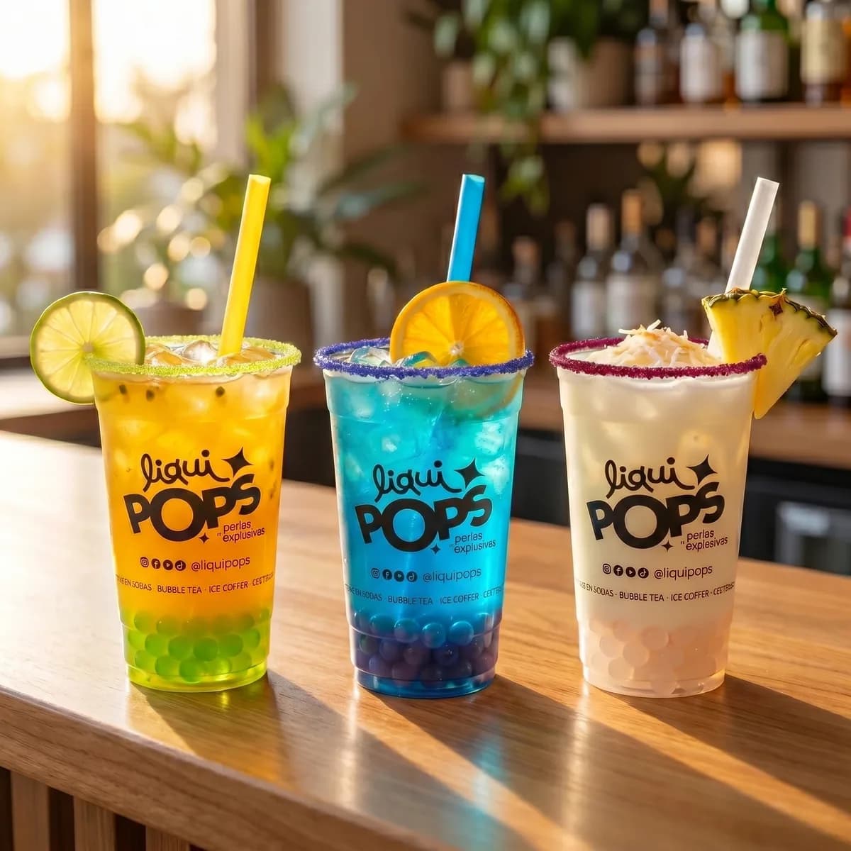 Tres sodas locas en maracuyá, curazao azul y coco con perlas explosivas verdes, azules y blancas LiquiPops — mostrador de bar