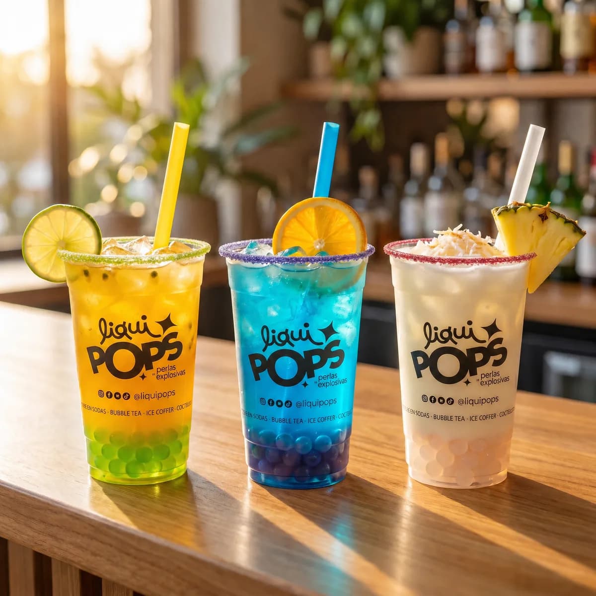 Tres sodas locas en maracuyá, curazao azul y coco-piña con perlas explosivas LiquiPops escarchadas, decoradas con limón, naranja y piña — barra de bar