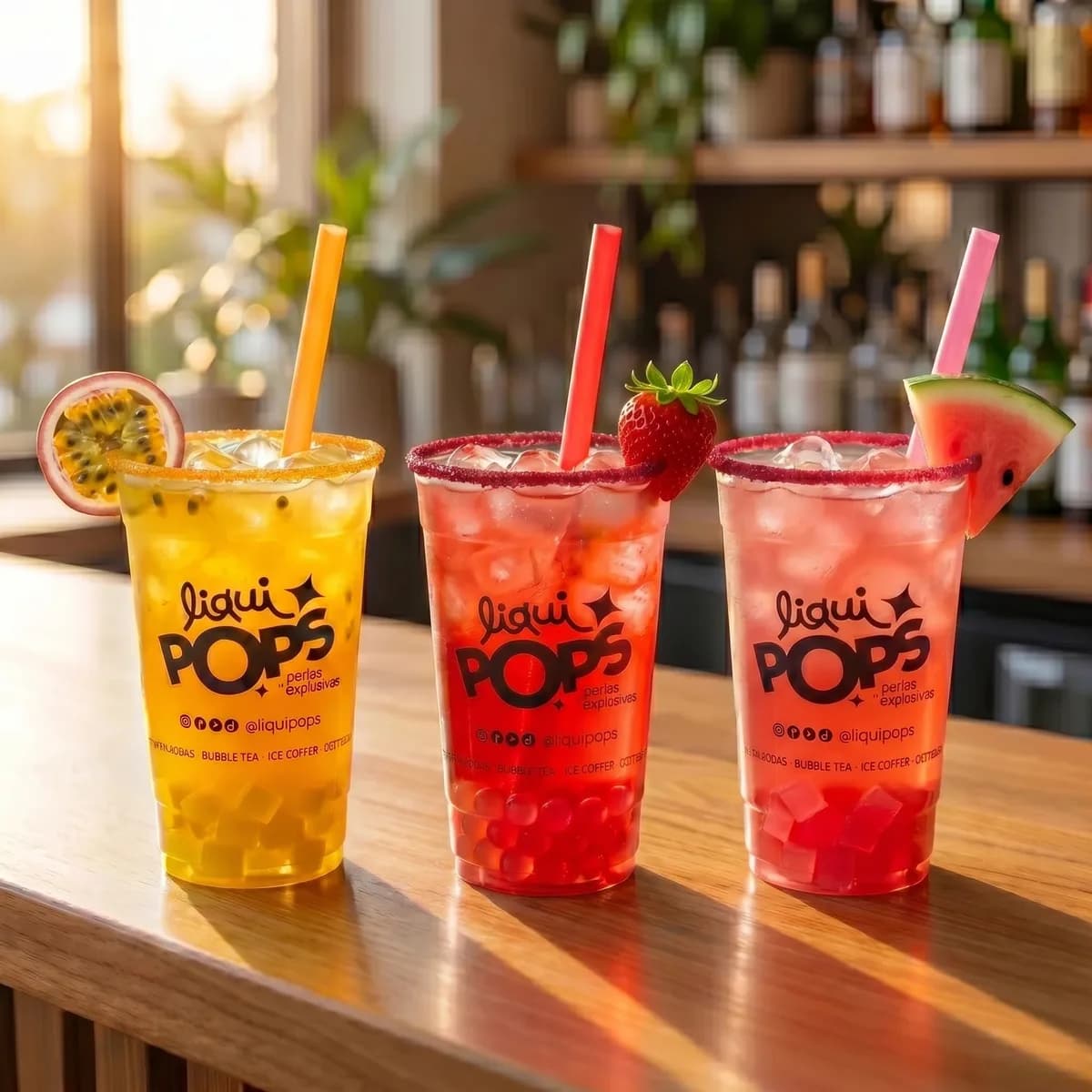 Tres sodas locas en maracuyá, fresa y sandía con perlas explosivas y jellys LiquiPops, decoradas con fruta fresca — barra de bar