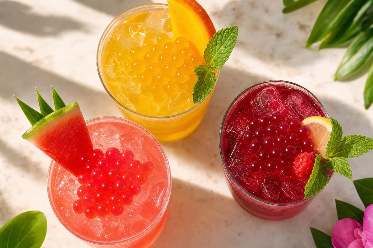Tres sodas locas con perlas explosivas LiquiPops en sabores maracuyá, sandía y frutos rojos vistas desde arriba con frutas frescas