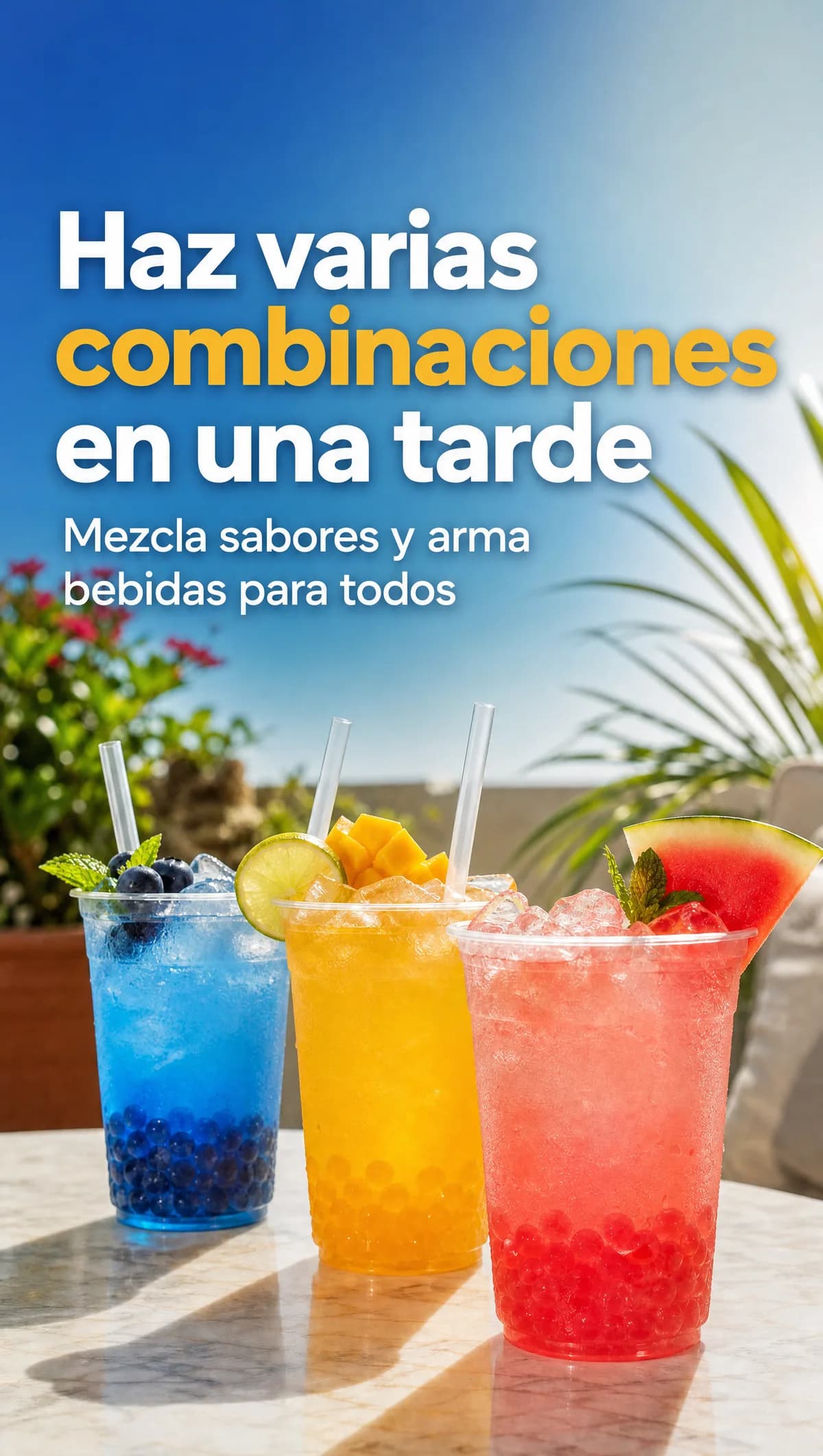 Tres sodas locas de colores (azul, amarilla y roja) con perlas explosivas LiquiPops en una mesa al aire libre — mezcla sabores y arma bebidas para todos
