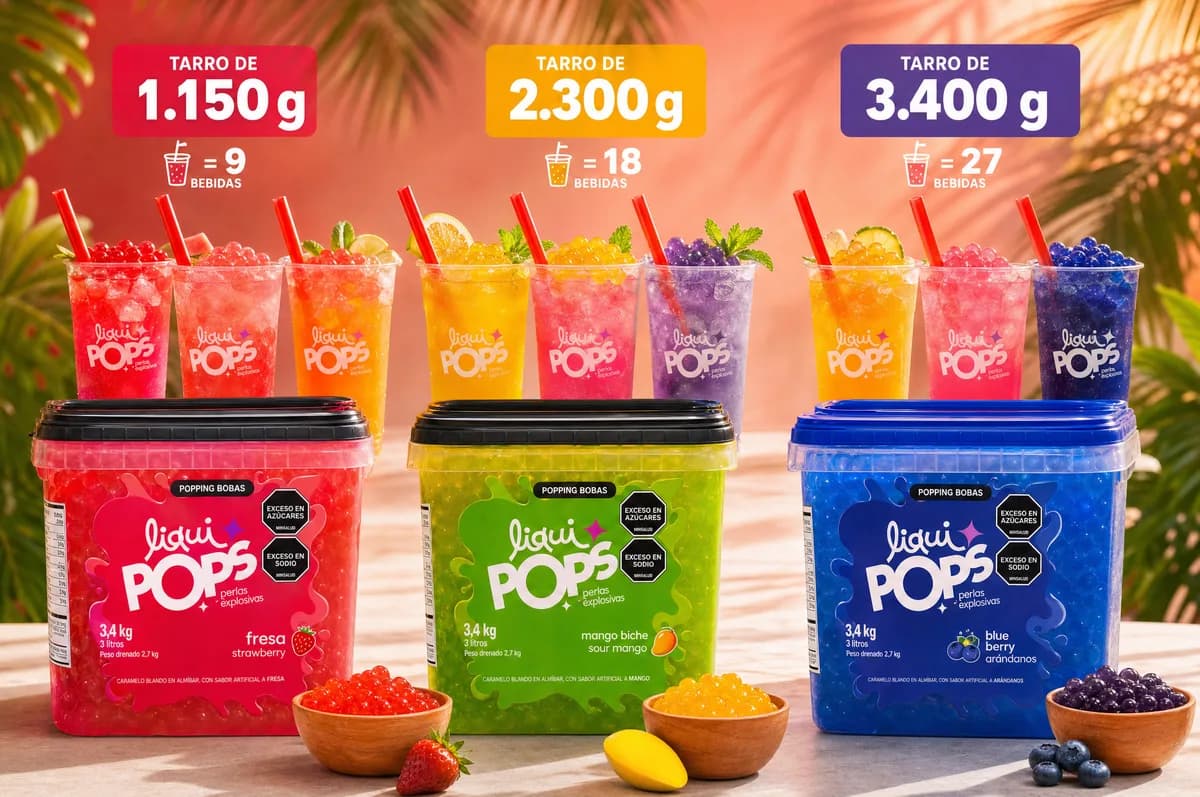 Tres tarros de perlas explosivas LiquiPops de 1150 g, 2300 g y 3400 g con bebidas de colores y frutas alrededor