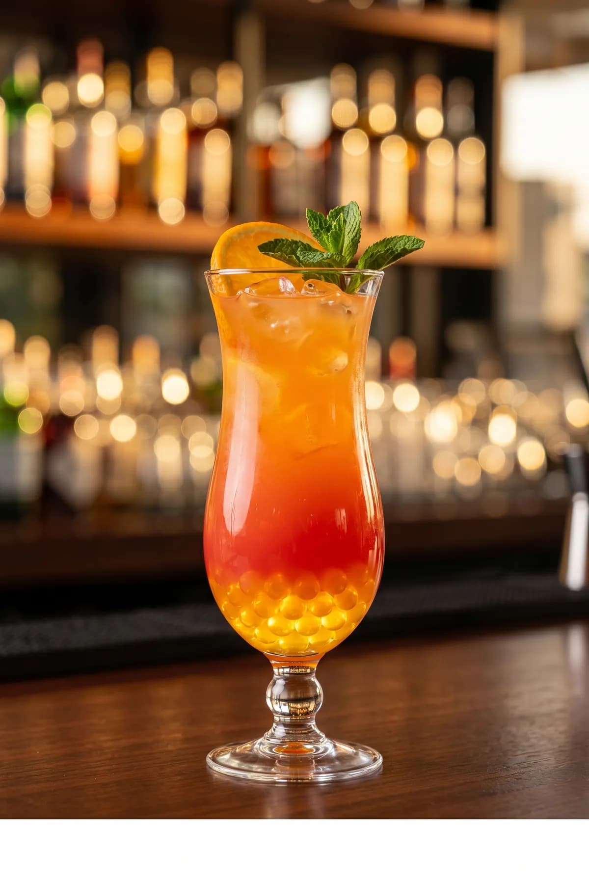 Cóctel tequila sunrise naranja y rojo con menta y perlas explosivas naranjas LiquiPops en copa huracán